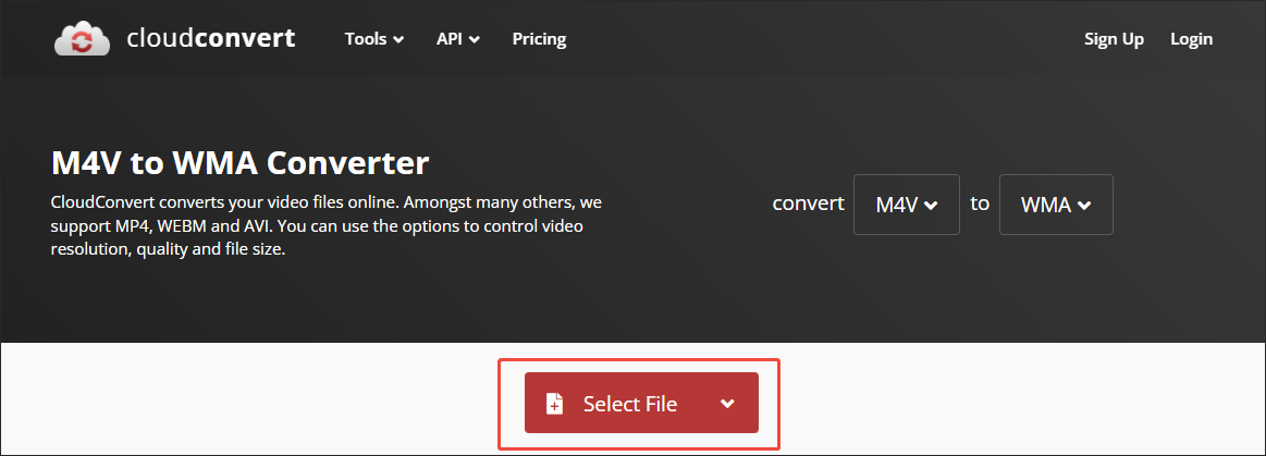 Click on Select File in CloudConvert to import your M4V videos