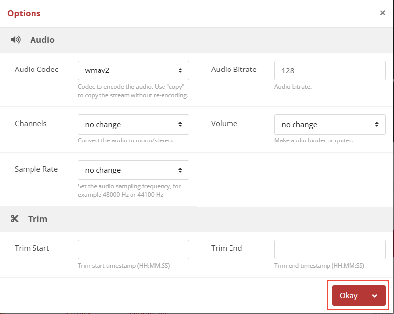 The Options window of CloudConvert