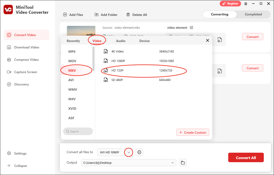 Expand the Convert all files to option in MiniTool Video Converter to enter the output format window and choose MKV HD 720P as the output format