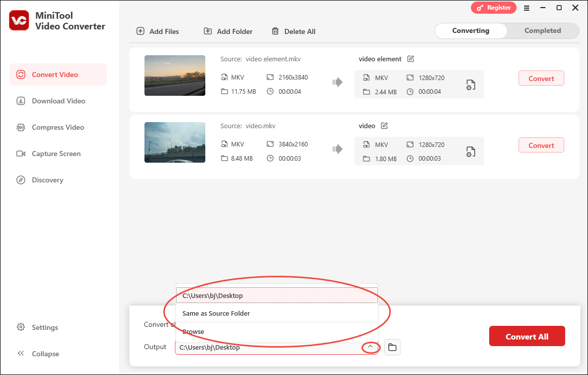 Expand the Output option in MiniTool Video Converter to choose a destination folder for your converted files
