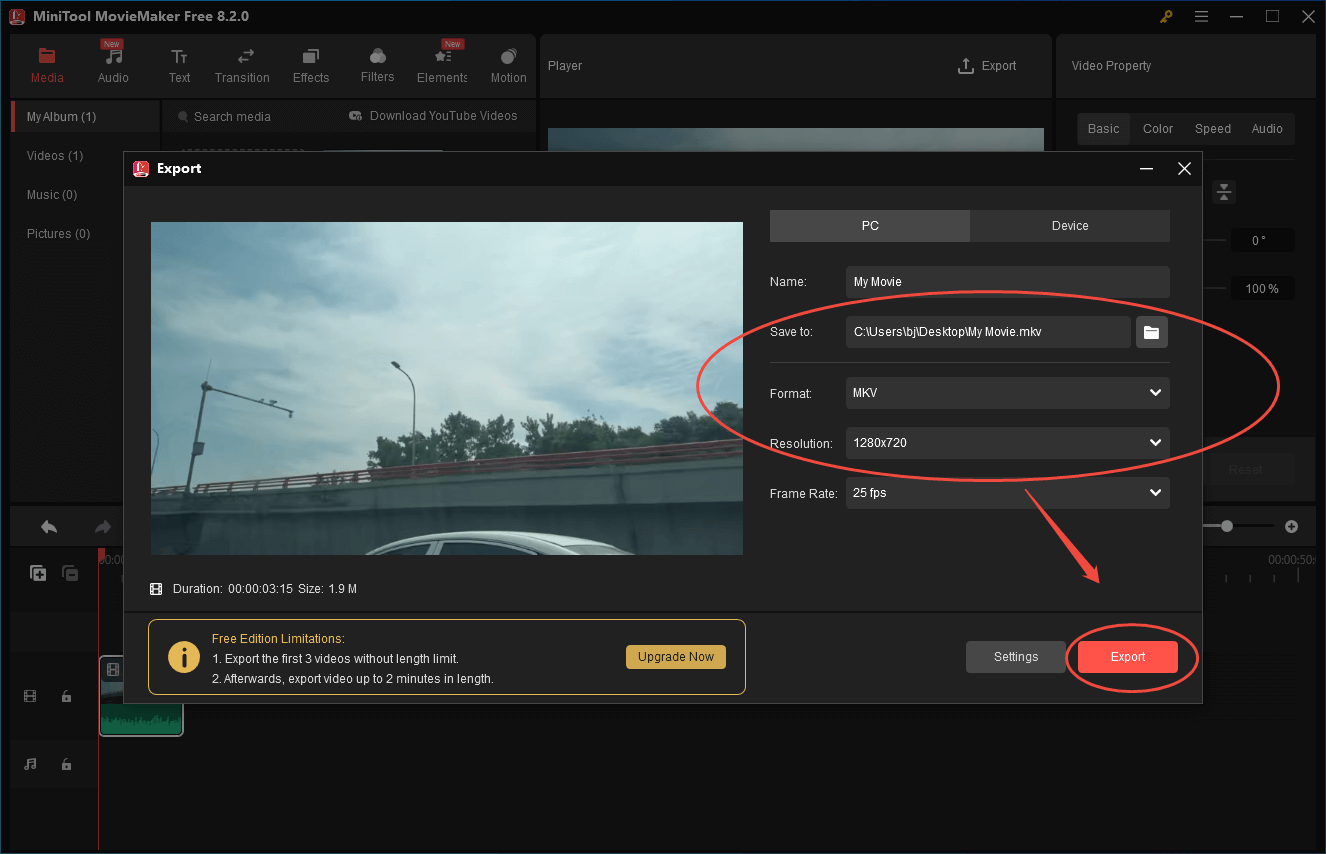 Expand the Format and Resolution option in MiniTool MovieMaker and choose MKV 1280x720 as the output format