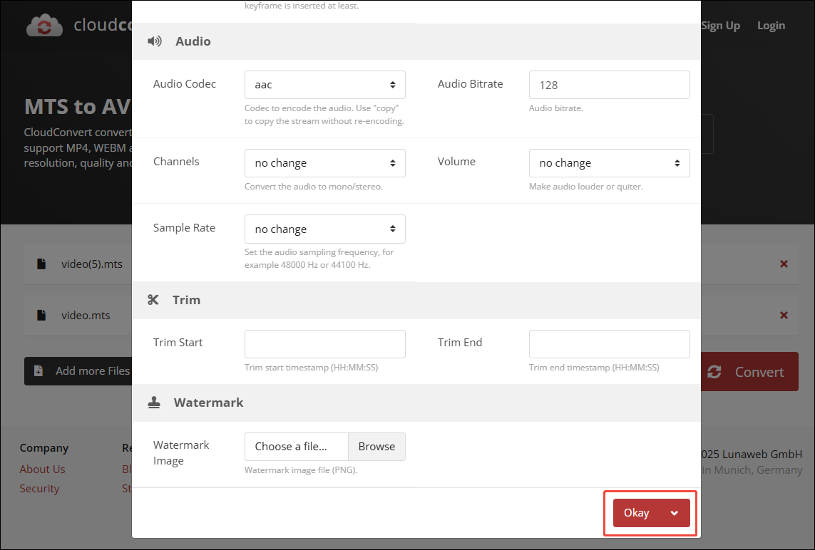 Click on Okay in the Option window of CloudConvert to confirm the customization