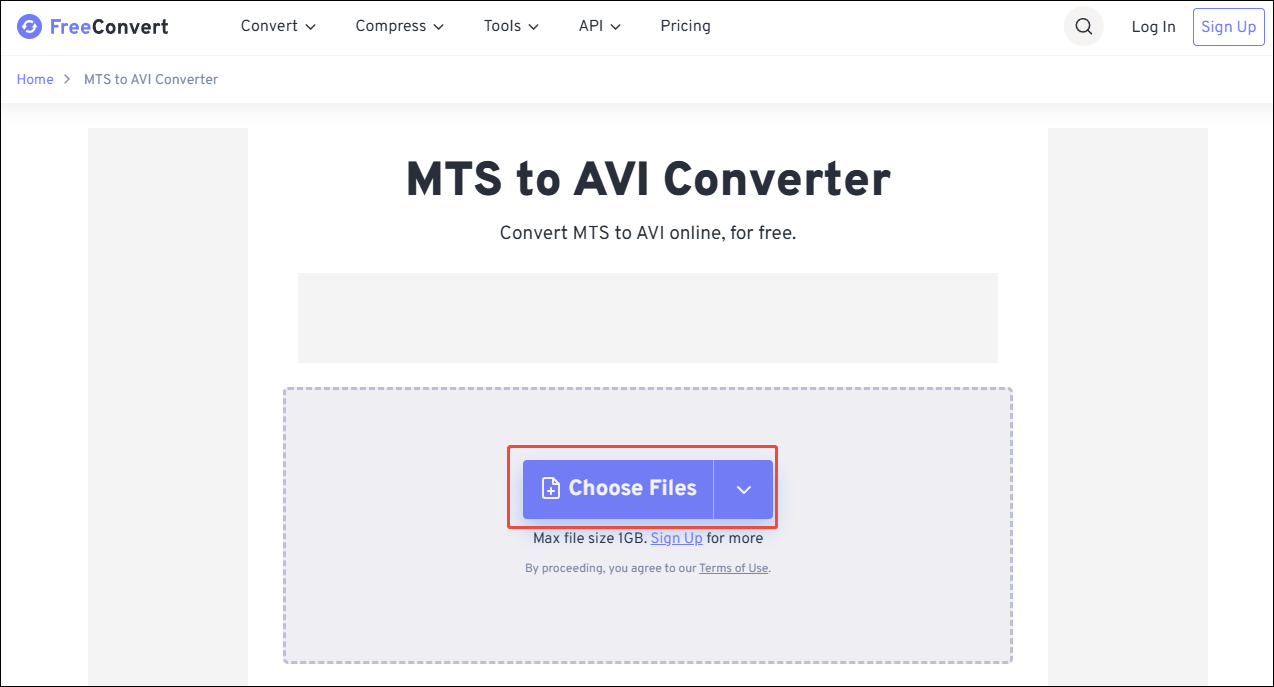 Click on Choose Files in FreeConvert to upload your MTS files