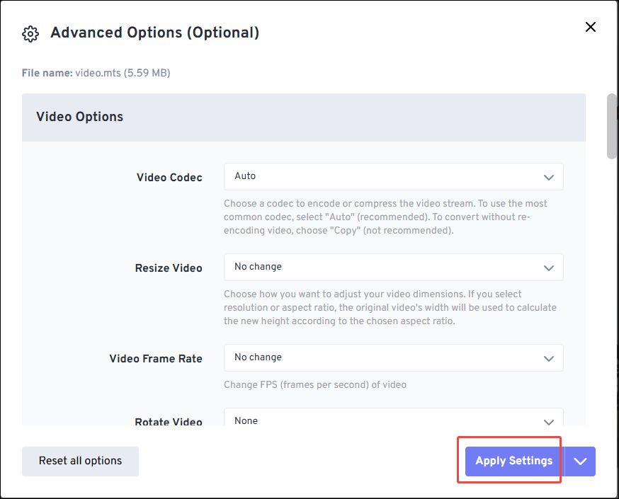 Click on Apply Settings in the Advanced Options window of FreeConvert to confirm the customization