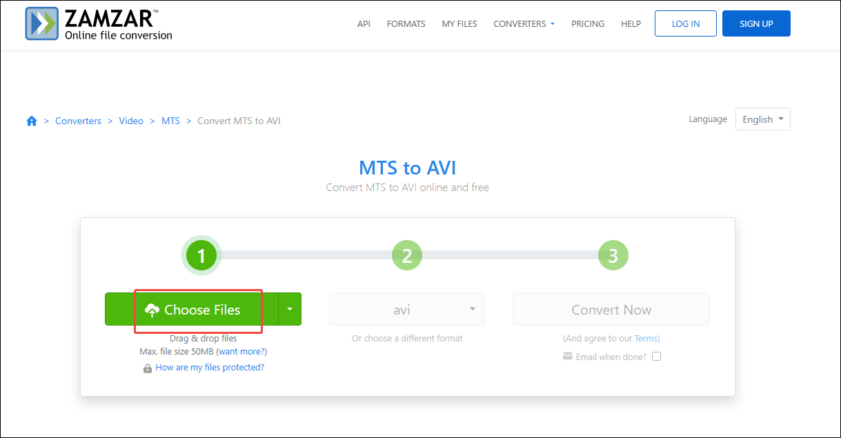 Click on Choose Files in Zamzar to import your MTS files