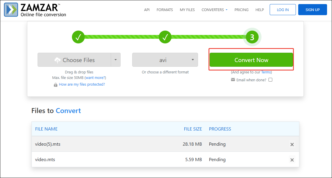 Click on Convert Now in Zamzar to commence the conversion process