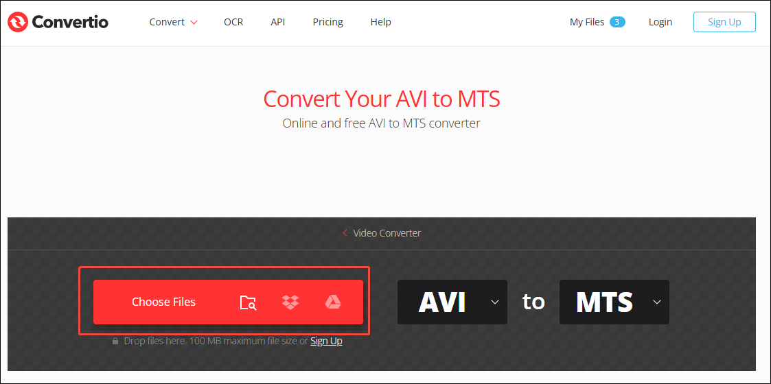 Click on Choose Files in Convertio to import your AVI files