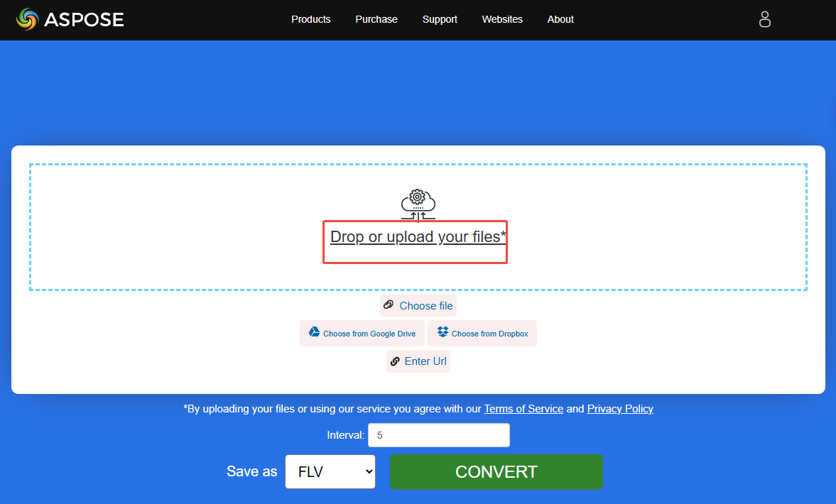 Click on Drop or upload your files in ASPOSE to import your RAR file