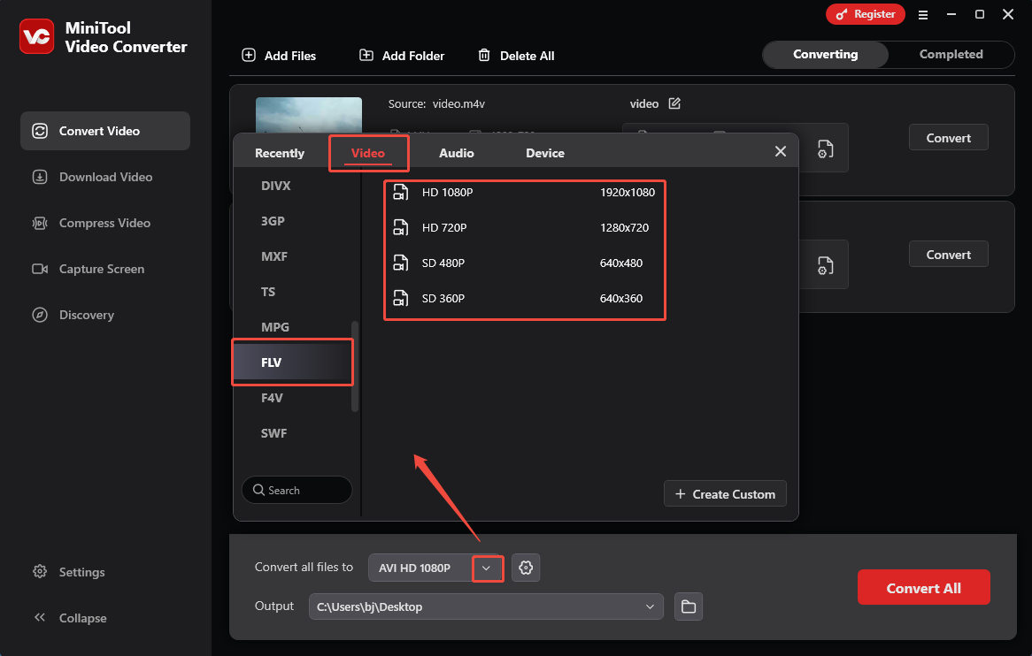 Expand the Convert all files to option in MiniTool Video Converter and choose FLV as the output format