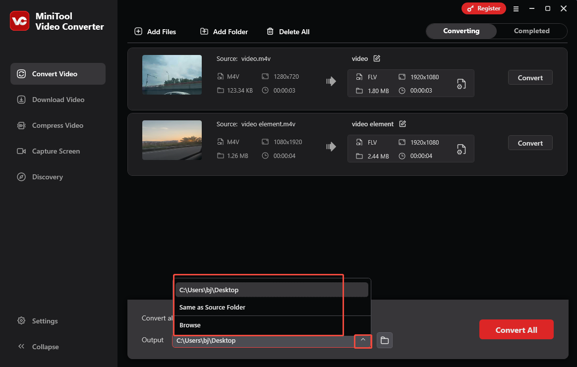 Expand the Output option in MiniTool Video Converter to choose a saving path for the converted files