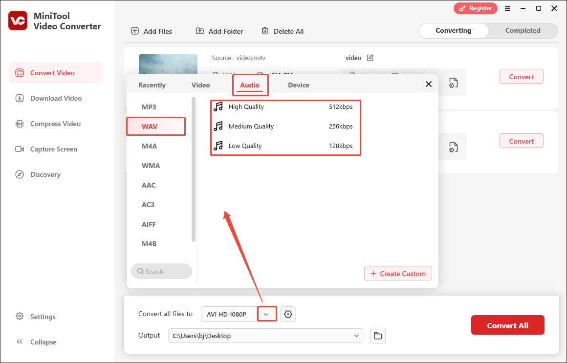 Expand the Convert all files to option in MiniTool Video Converter and choose WAV as the output format
