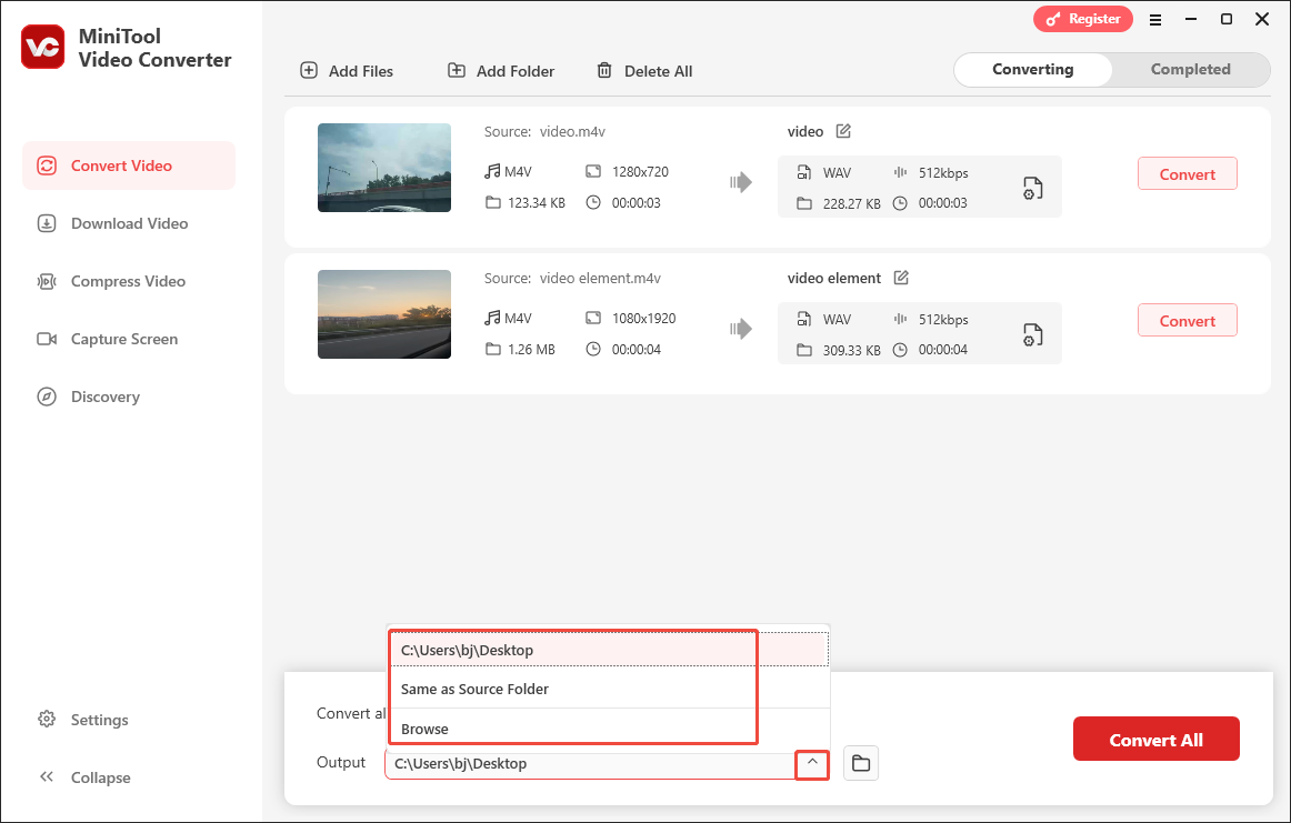 Expand the Output option in MiniTool Video Converter to choose a destination folder for the output videos