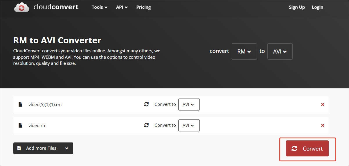 Click on Convert in CloudConvert to commence the conversion from RM to AVI