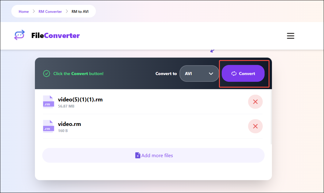 Click on Convert in FileConverter to start the conversion from RM to AVI