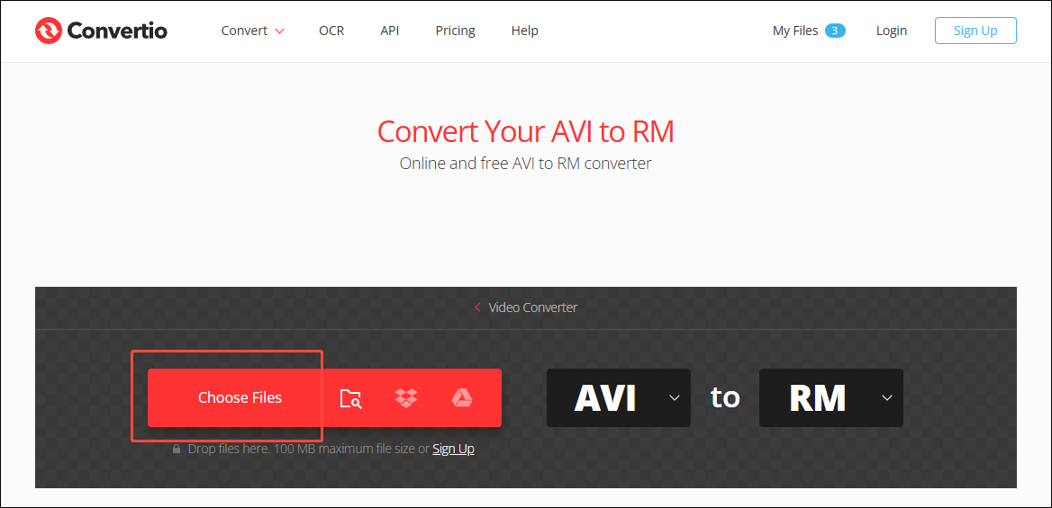 Click on Choose Files in Convertio to upload your AVI videos