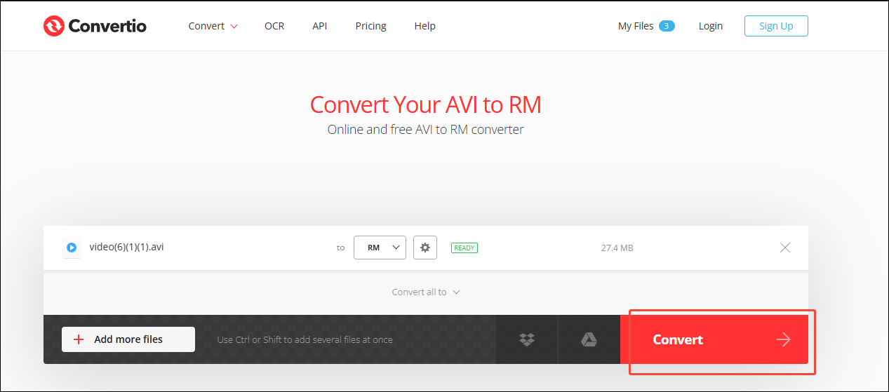 Click on Convert in Convertio to begin the conversion from AVI to RM