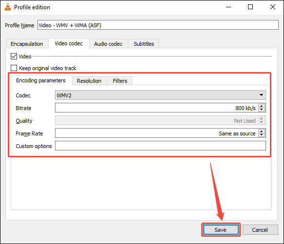 Customize the bitrate, frame rate, and resolution under the Video codec tab in VLC Media Player’s Profile edition window