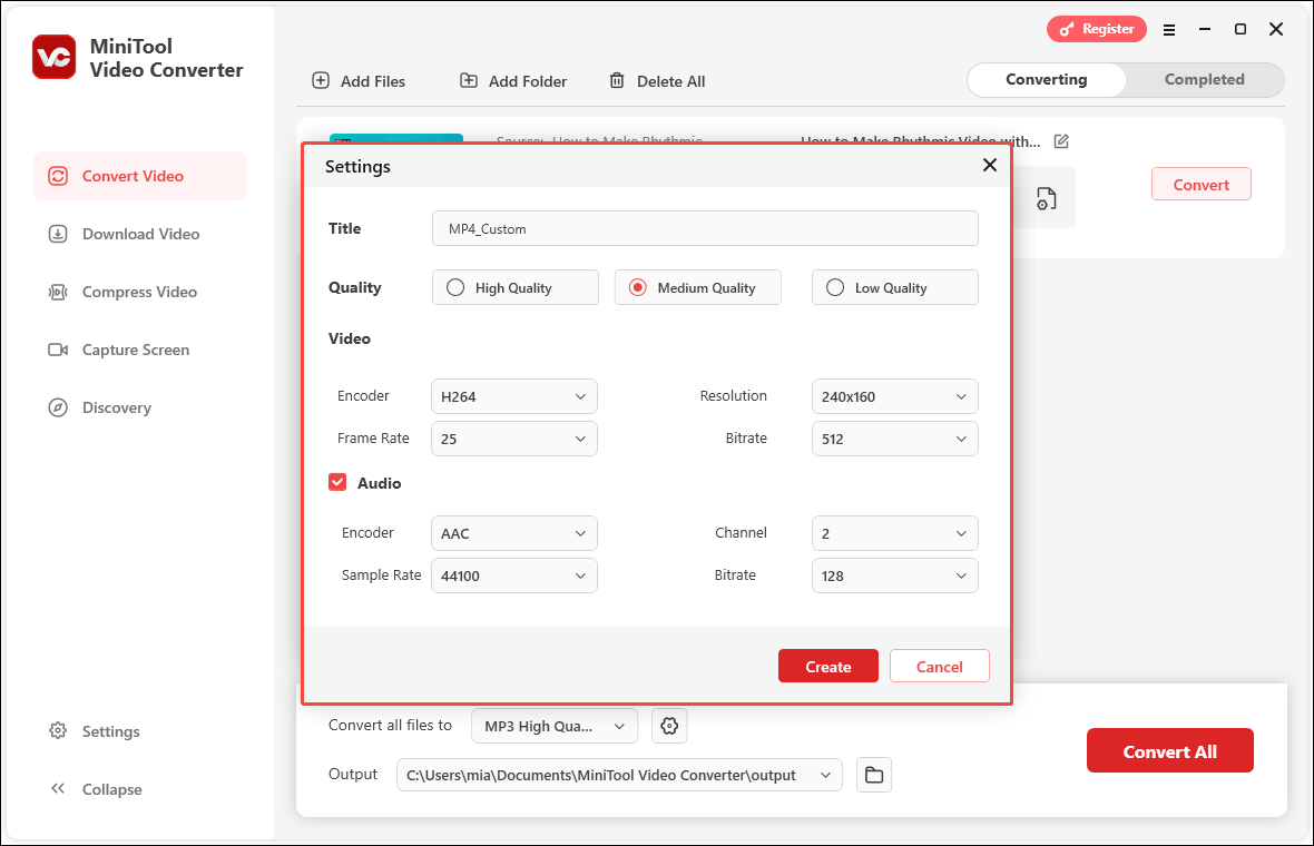 Customize video parameters in MiniTool Video Converter’s output settings