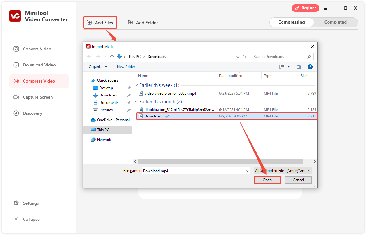 Choose Add Files, select the video, and click Open in MiniTool Video Converter
