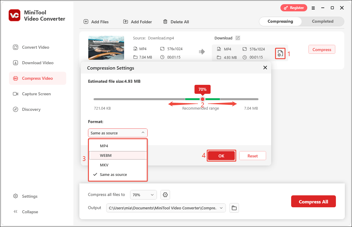 Go to Compression Settings window, set the compress percentage, choose the output format, and click OK in MiniTool Video Converter