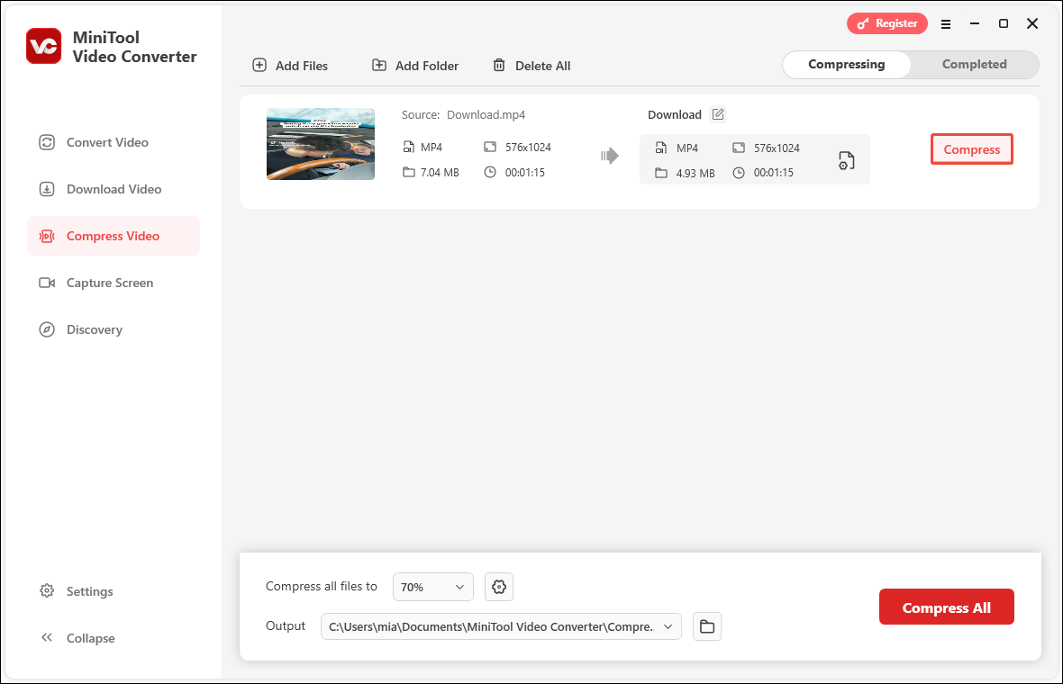 Click Compress to start compression in MiniTool Video Converter