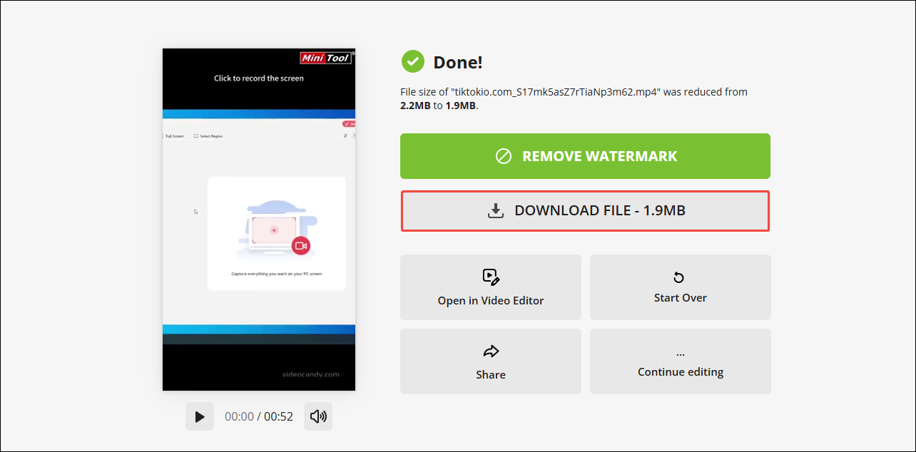 Click the DOWNLOAD FILE button to download the compressed video in Video Candy