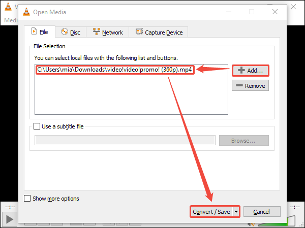 Choose the + Add option and click Convert/Save in VLC Media Player