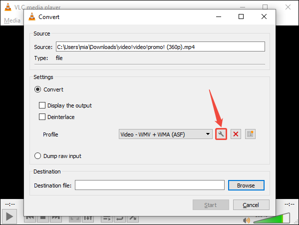 Click the wrench icon to customize settings in VLC convert settings