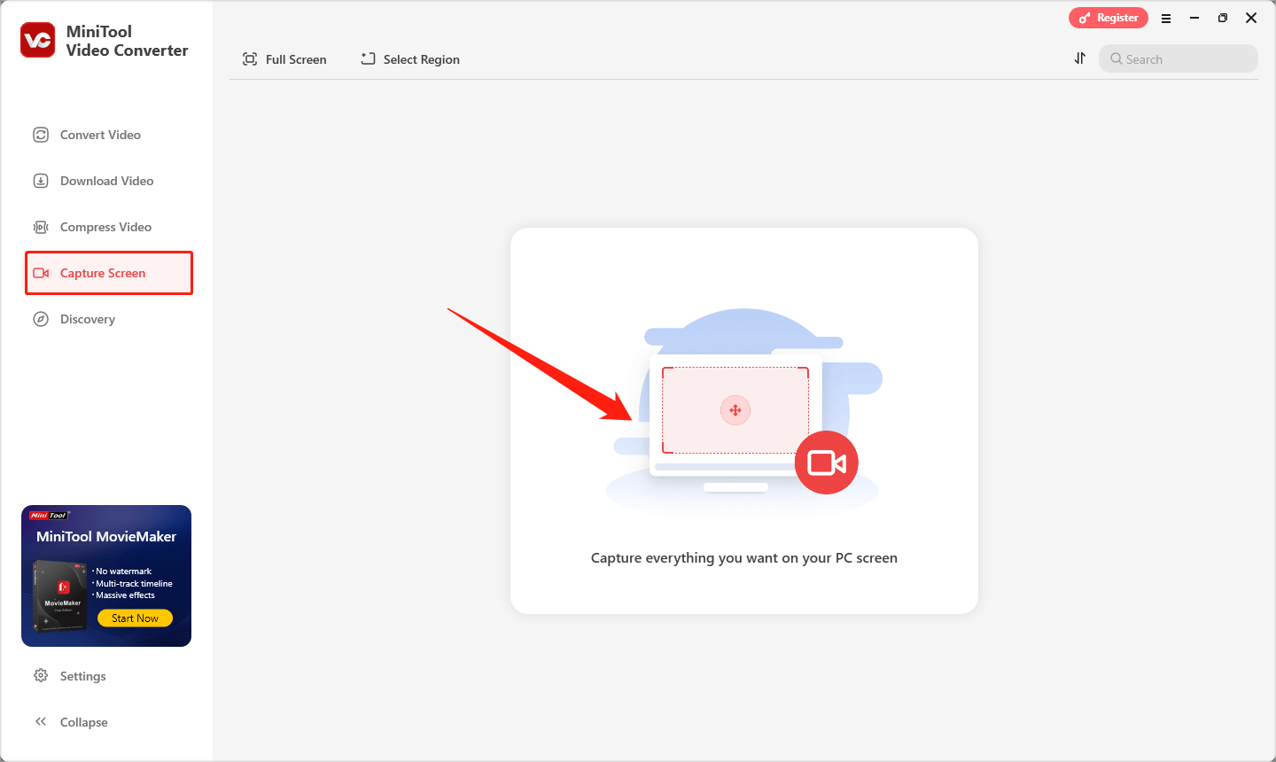 zum Öffnen von MiniTool Screen Recorder wechseln Sie in MiniTool Video Converter zu „Bildschirm aufnehmen“ und klicken Sie auf den mittleren Bereich