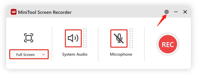 Aufnahmebereich und Audioquelle in MiniTool Screen Recorder festlegen und Einstellungsfenster durch einen Klick auf das Zahnradsymbol öffnen
