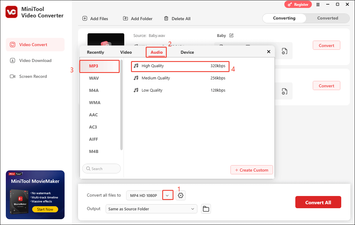 Expand the Convert all files to option in MiniTool Video Converter and choose MP3 High Quality as the output format