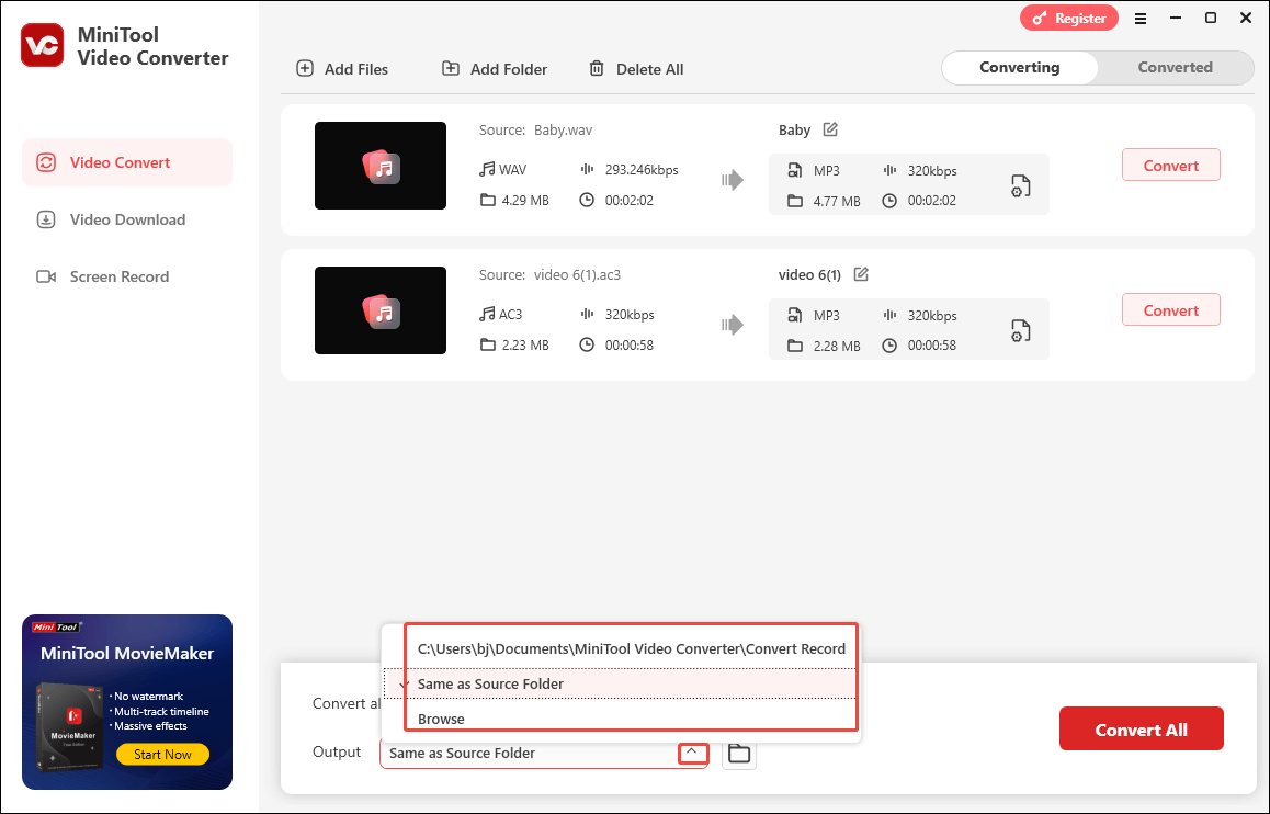 Expand the Output option in MiniTool Video Converter to choose a saving path for your converted files