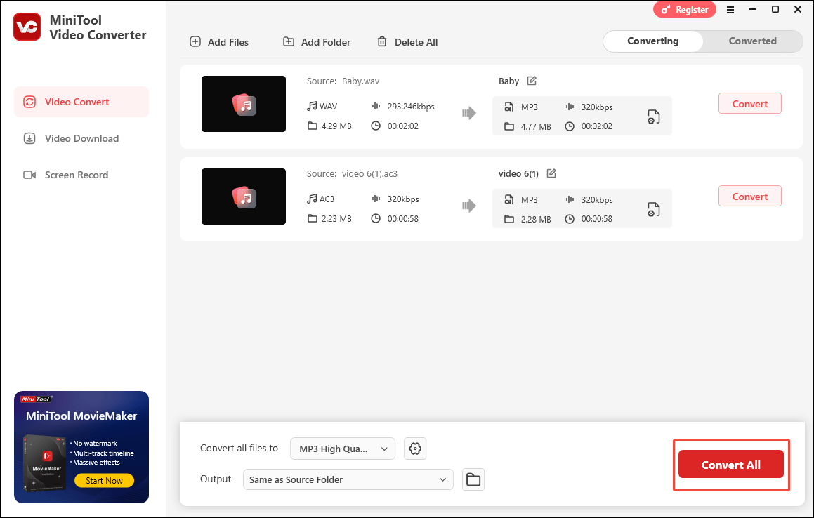 Click on Convert All in MiniTool Video Converter to begin the conversion process