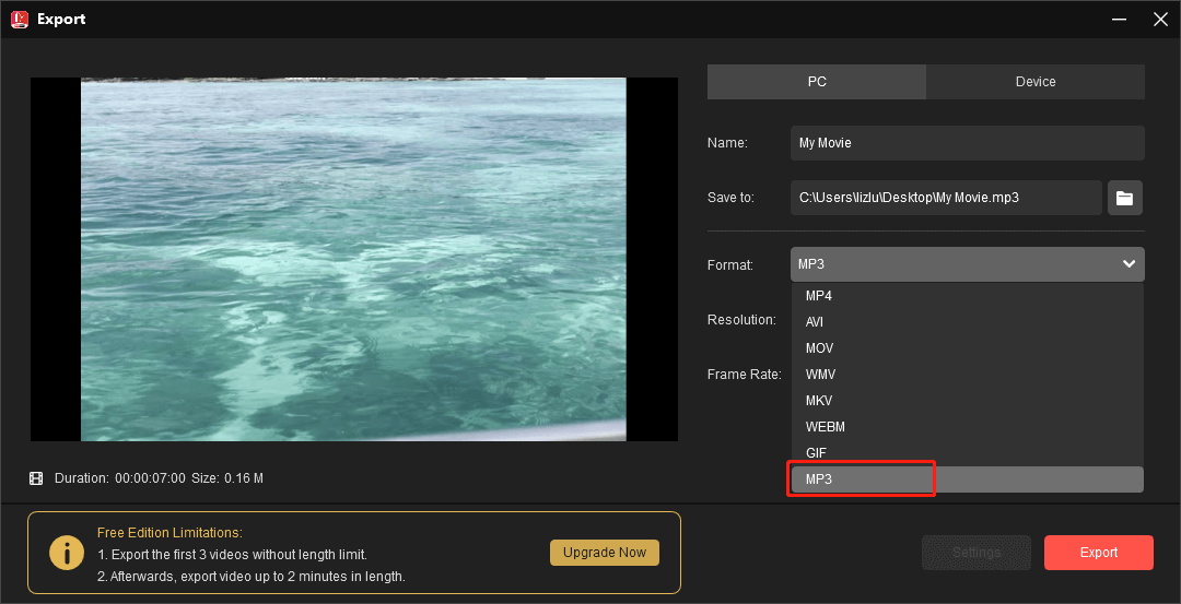 MiniTool MovieMakerでMOVから音声を抽出する