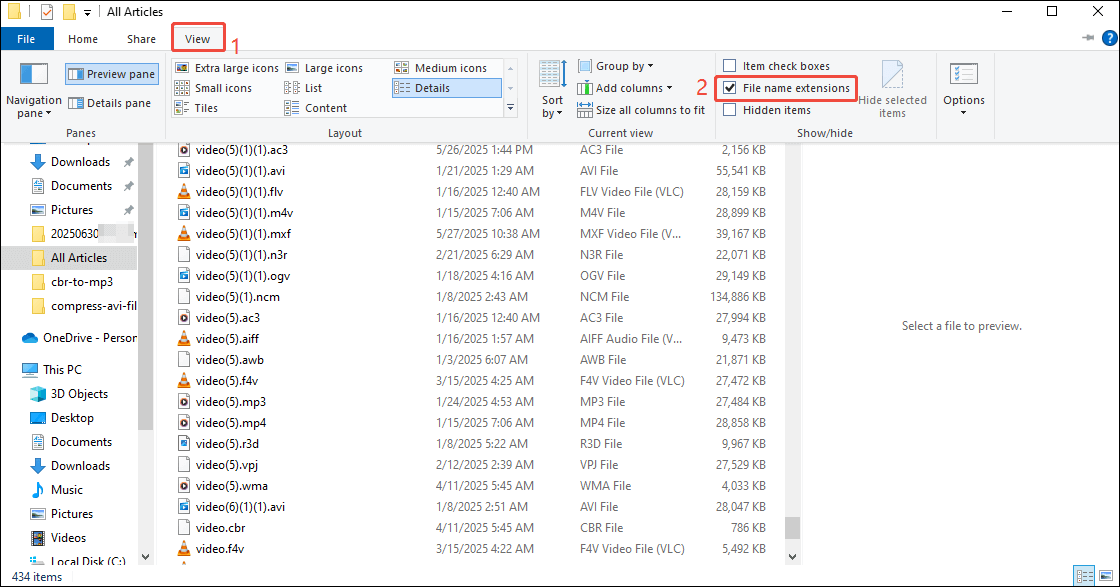 Check File name extensions under the View option of the File Explorer