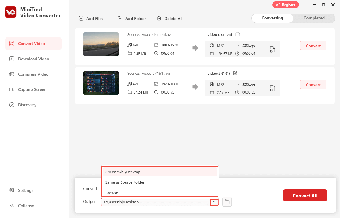 Expand the Output option in MiniTool Video Converter to choose a destination folder for your converted files