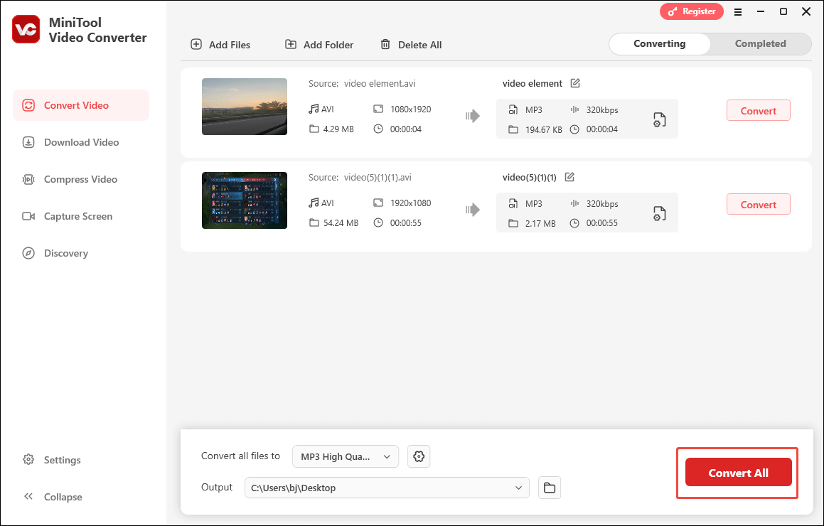 Click on Convert All in MiniTool Video Converter to begin the conversion process