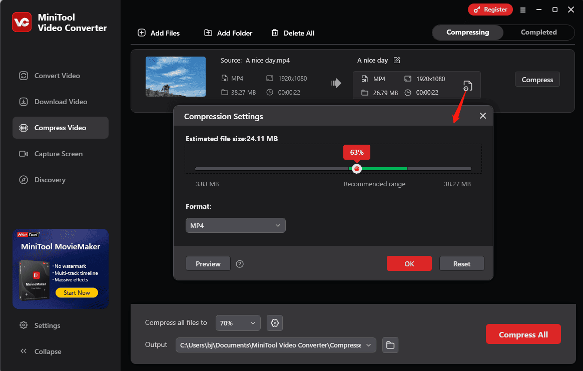 Adjust the compression level in MiniTool Video Converter