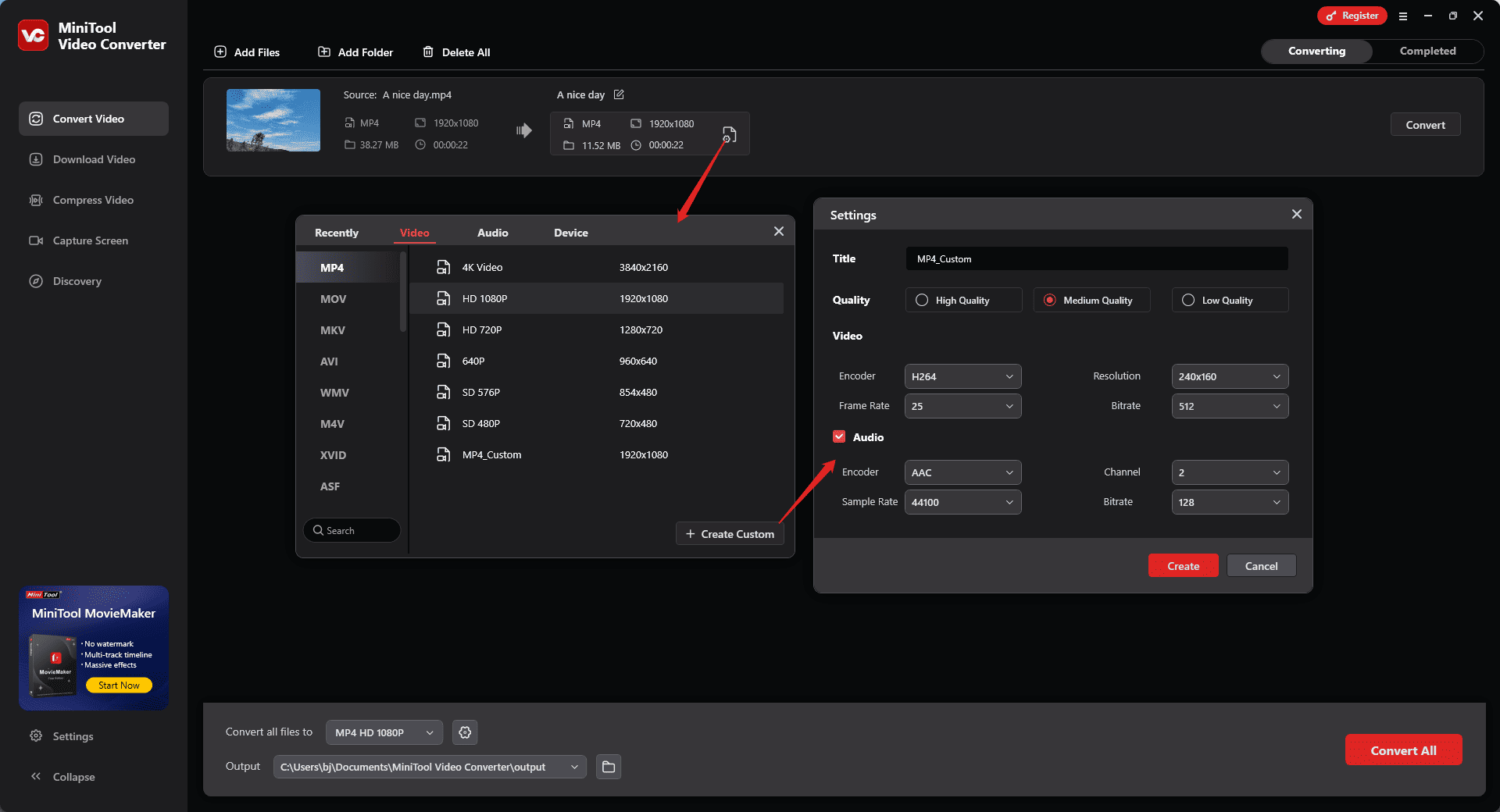 Reduce Messenger video file size by adjusting encoding parameters in MiniTool Video Converter