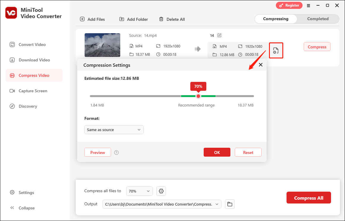 Set the compress level and output format in MiniTool Video Converter
