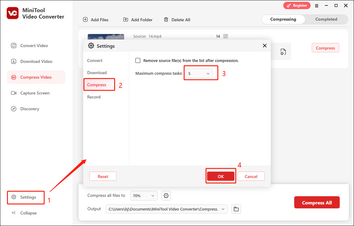 Set the maximum compress tasks to 5 in MiniTool Video Converter