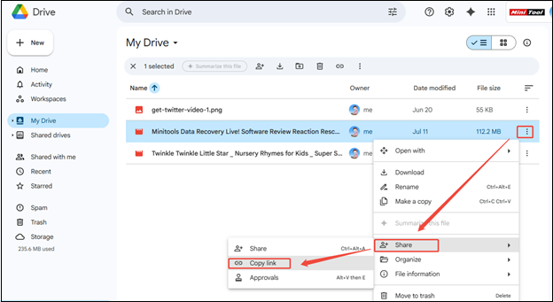 Click on the more icon, choose Share > Copy link in Google Drive
