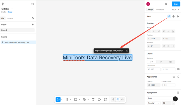 Select the text, click on the Create link button, press Enter to apply the link in Figma