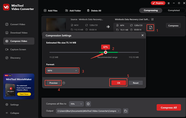 Go to the Compression Settings window to specify the compression level and output format; you can also preview the result in MiniTool Video Converter