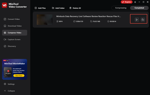 In MiniTool Video Converter, click on the play icon to watch the compressed video or click on the folder icon to locate it on your computer