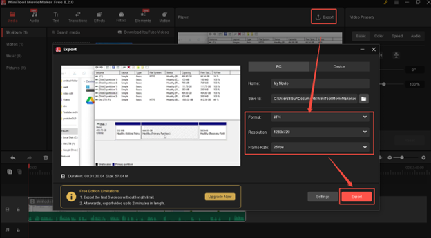 Go to the Export window to specify the output format, resolution, and frame rate; then click on Export to export the compressed video in MiniTool MovieMaker