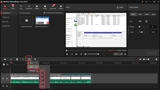 Expand the speed icon to choose a fast speed option on the timeline toolbar of MiniTool MovieMaker