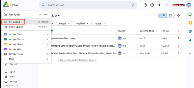 Click on + New > File upload to upload the video to Google Drive