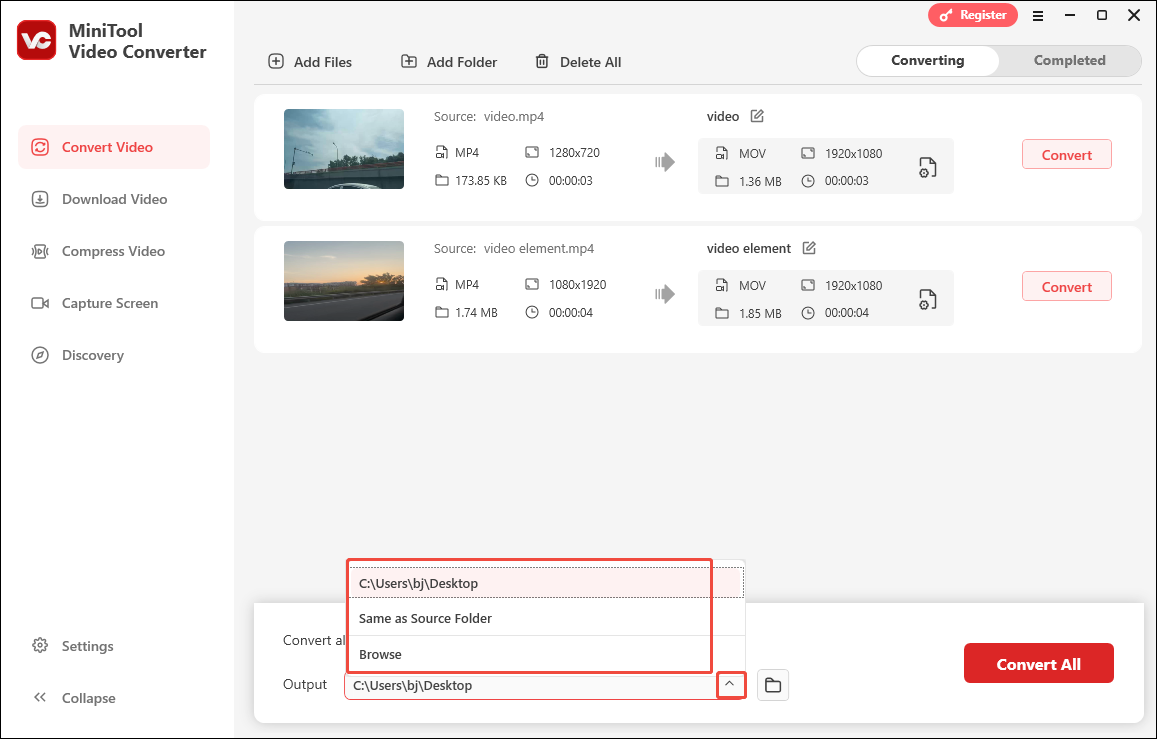 Expand the Output option in MiniTool Video Converter’s Convert Video module to choose a saving path for the converted files