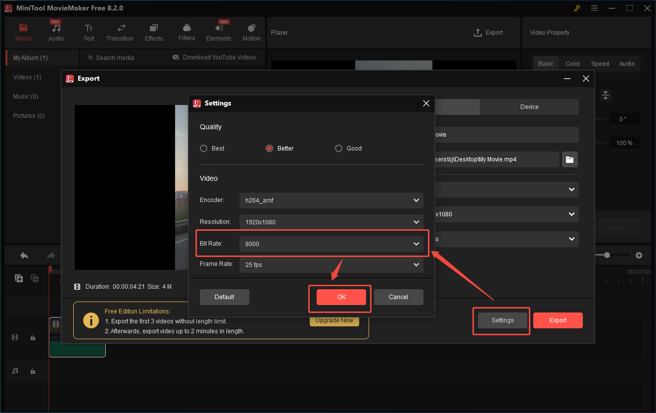 Configure the bitrate settings in the Settings window of MiniTool MovieMaker